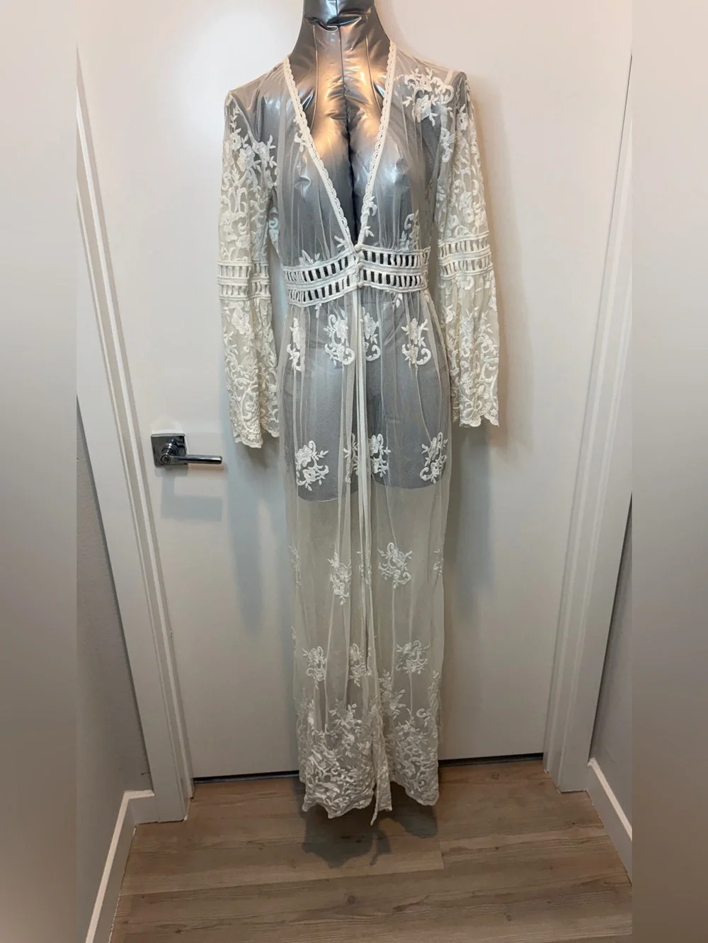 Sheer off white Embroidered Lace Duster, cover up, - Picture 1 of 7